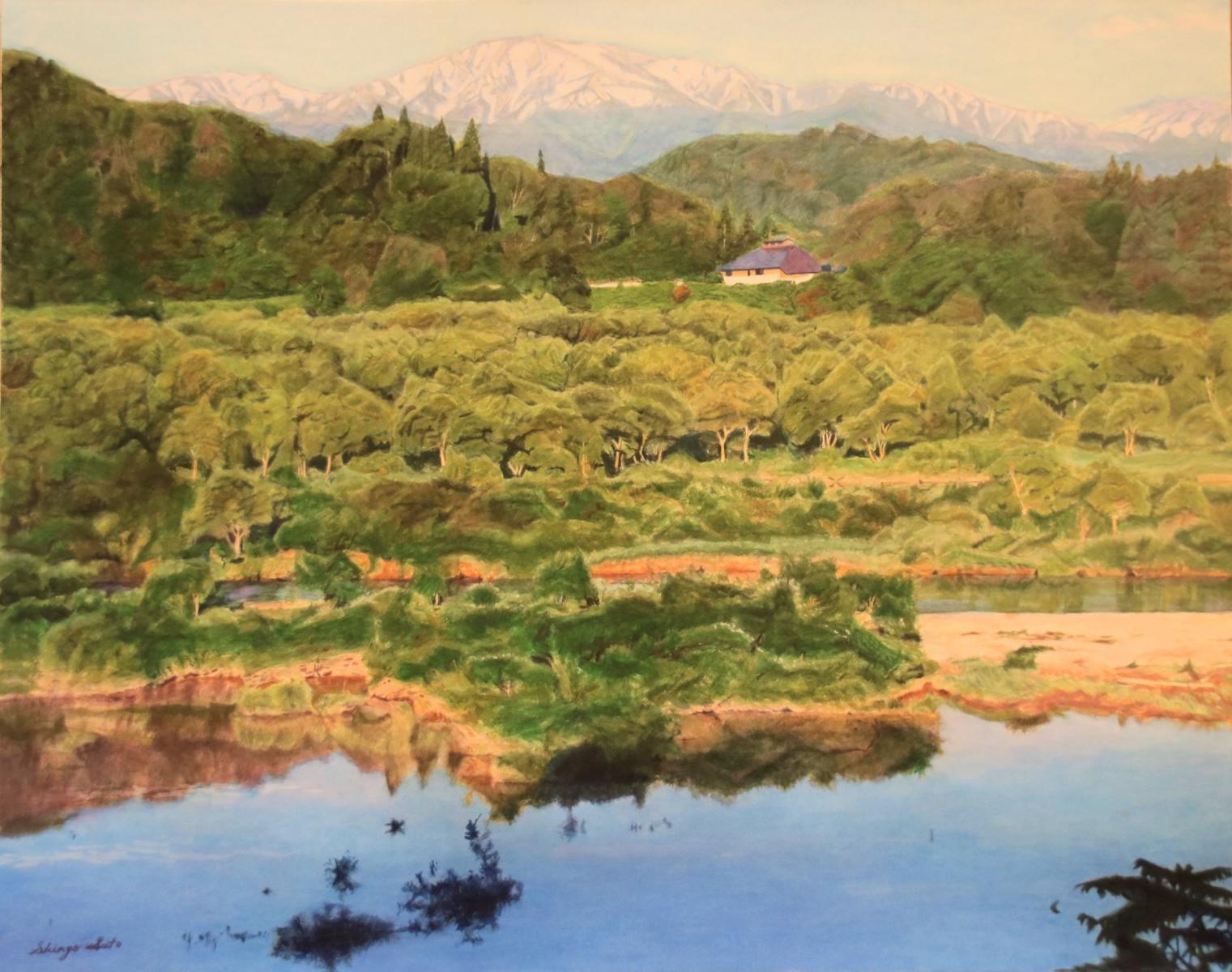 第32回最優秀賞　早朝の白川ダム湖畔　佐藤慎吾氏の絵画